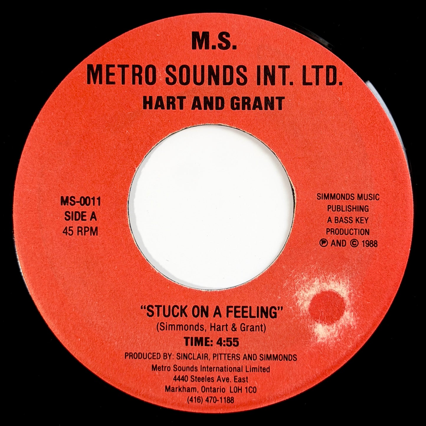Hart And Grant - Stuck On A Feeling / Instrumental (Club Mix) [1988 Canada Original Press - Metro Sounds Int. Ltd. MS0011] (7inch)_1