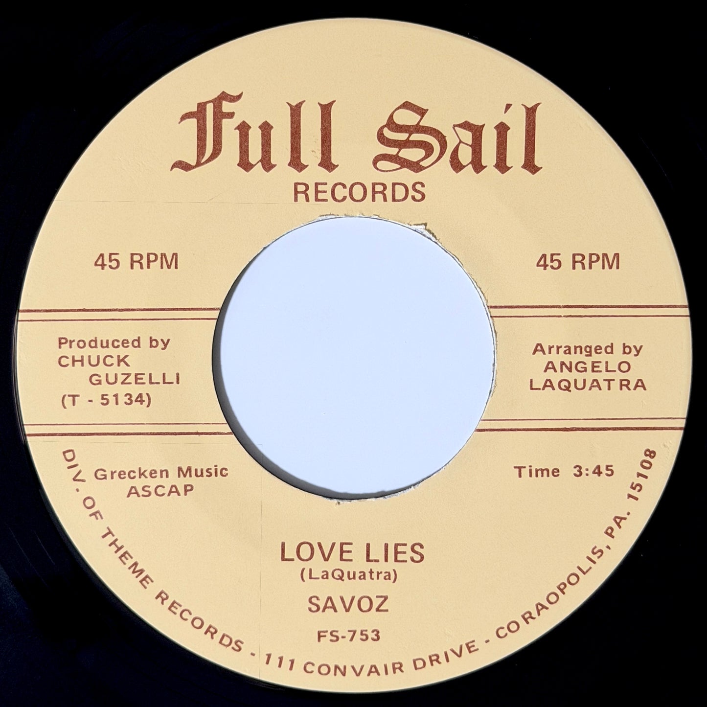 Angelo Laquatra And Savoz - Love Is Just A Smile / Love Lies [- US Original Press | Black Vinyl - Full Sail FS-753] (7inch)_2