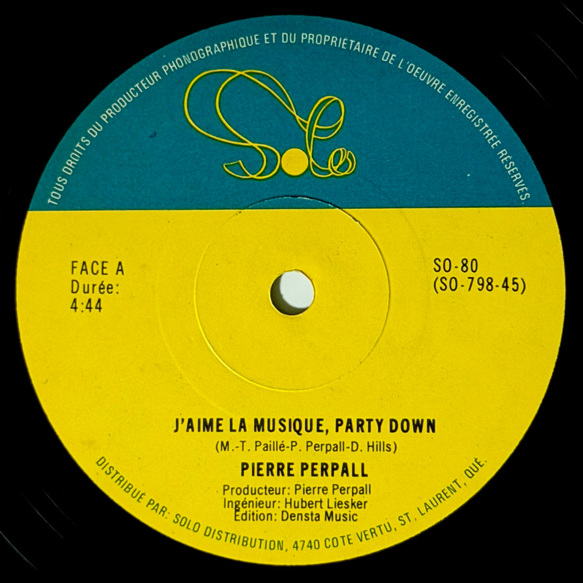 Pierre Perpall - J'aime La Musique, Party Down / Version Instrumentale [1980 Canada Original Press - Solo SO-80] (12inch)_1