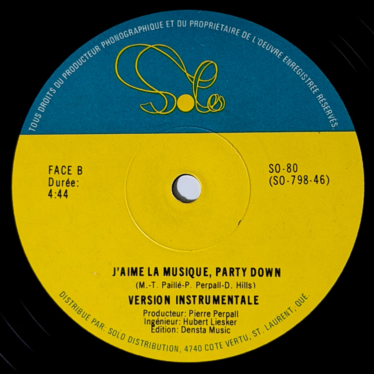 Pierre Perpall - J'aime La Musique, Party Down / Version Instrumentale [1980 Canada Original Press - Solo SO-80] (12inch)_2